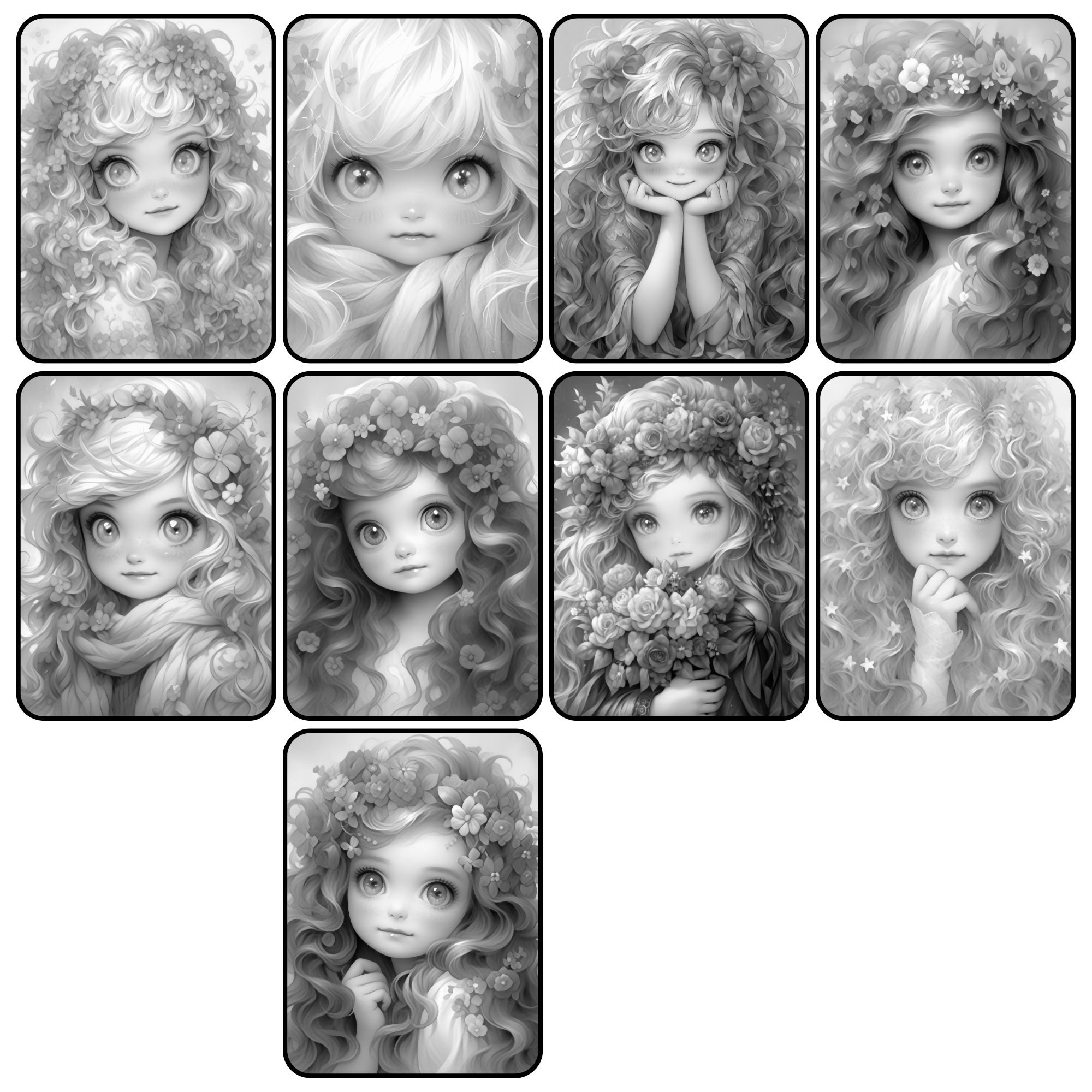Little Rainbow Girl Coloring Page for Adults Cute Flower Girl Grayscale ...