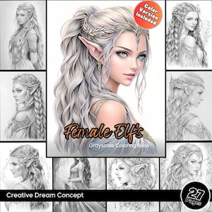 Female Elves Coloring Pages for Adults and for Kids Cute Pixie Grayscale Coloring Book, Printable PDF Fantasy Fairy Instant Download