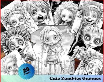 Cute Zombies Gnomes Coloring Page for Adults Instant Download PDF - Happy Gnome Grayscale Coloring Page Gift for her Printable Art