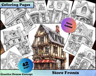 Storefronts Coloring Printables for adults and kids, Huge bundle of Building, Shops, Procreate, Letter Size instant download pdf