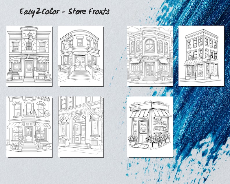 May include: Black and white line art illustrations of six different store fronts. Each storefront has a unique design and features details like awnings, windows, and doors.