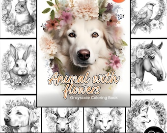 Libro para colorear de animales: Animales salvajes en escala de grises con flores (patrón en PDF)