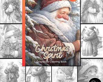 May include: A grayscale coloring book titled "Christmas Spirit Vol 1" with a cover featuring a Santa Claus illustration. The book has 24 pages and includes a color version.