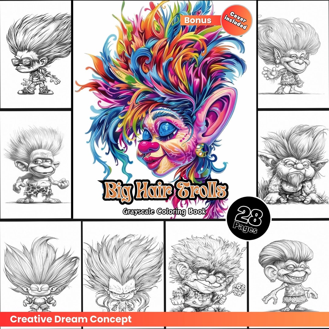 Big Hair Trolls Coloring Page for Adults Cute Fantasy Coloring Book for ...