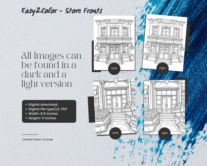 May include: Two black and white line drawings of a storefront with a sign that says "Easy 2 Color - Store Fronts". The drawings are in a dark and light version. The drawings are 8.5 inches wide and 11 inches tall.