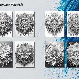 May include: A collection of eight black and white mandala designs. Each design features intricate details and a 3D effect. The designs are arranged in a grid pattern.