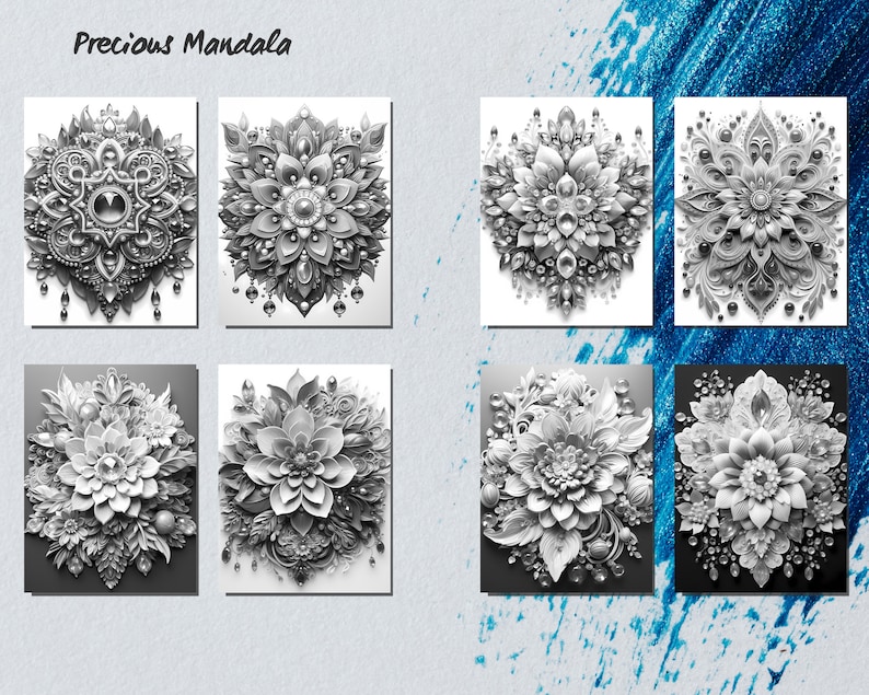 May include: A collection of eight black and white mandala designs. Each design features intricate details and a 3D effect. The designs are arranged in a grid pattern.