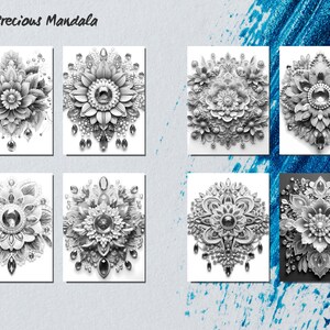 May include: Six black and white mandala designs with intricate details and a jeweled center. The designs are arranged in a grid pattern on a light blue background.