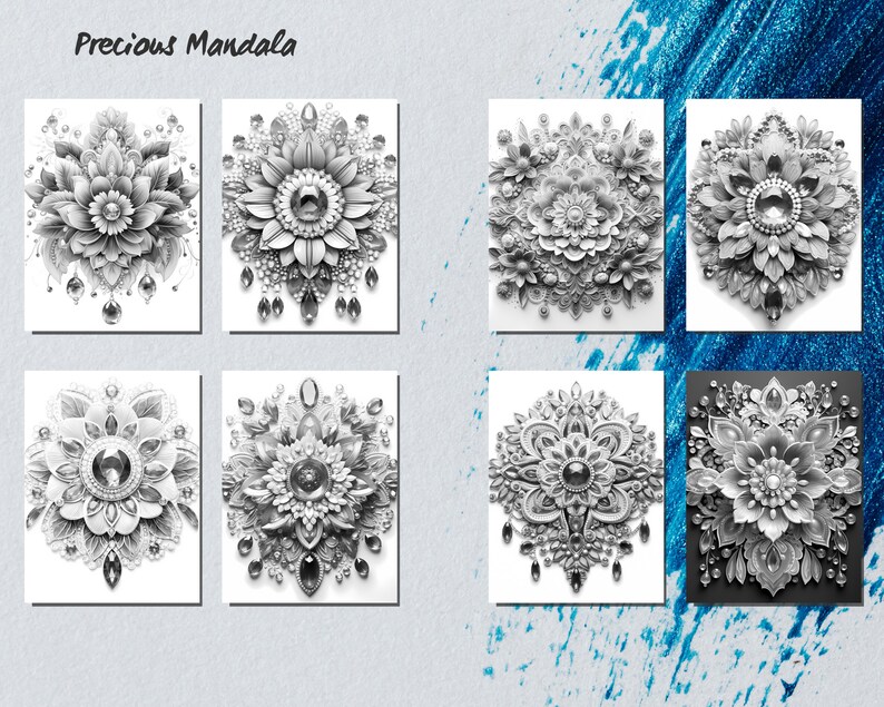 May include: Six black and white mandala designs with intricate details and a jeweled center. The designs are arranged in a grid pattern on a light blue background.