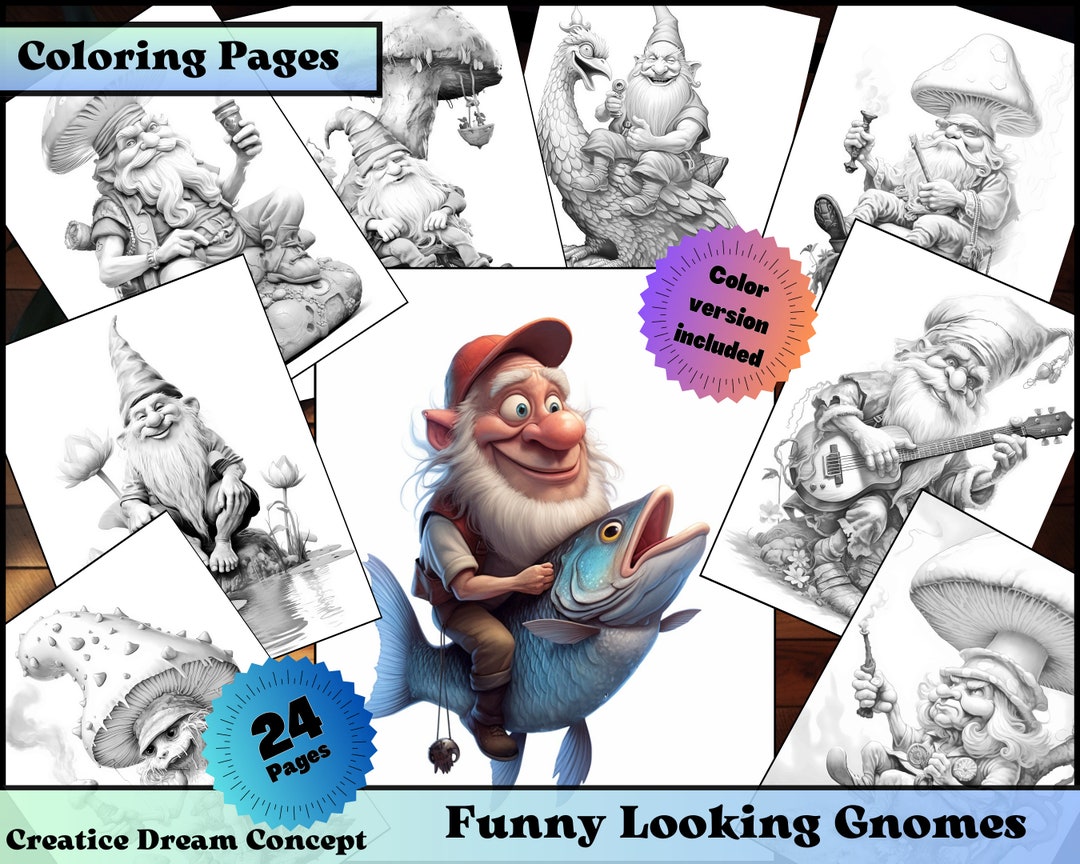 Funny Looking Gnome Coloring Pages for Adults Grayscale Happy Gnome Coloring Book Download ...