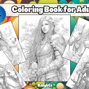 Beautiful Female Knights Coloring Page for Adults kids Flower Woman Instant Download - Grayscale Coloring Page - Gift, Printable Art PDF