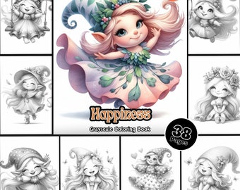 May include: A grayscale coloring book featuring a whimsical fairy with a flower crown and a green dress. The book is titled "Happiness Grayscale Coloring Book" and has 38 pages. The cover also includes a bonus color version of the fairy.