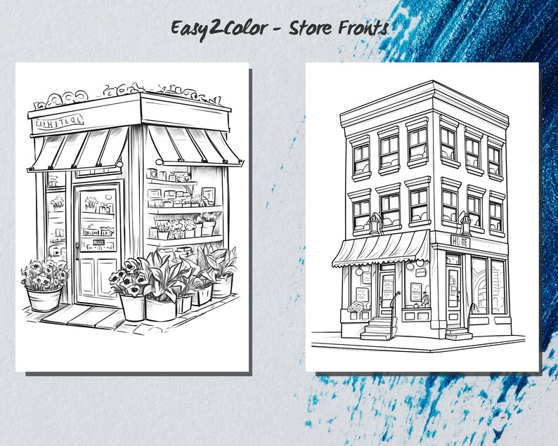 May include: Black and white line drawing of two store fronts. The first store is a small shop with a sign that says "Flowers". The second store is a larger building with a sign that says "Home".