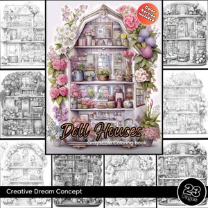 Flower Doll Houses coloring Pages for Adults Mini House Grayscale Coloring Book Download Gnome Homes Illustration Printable coloring digital
