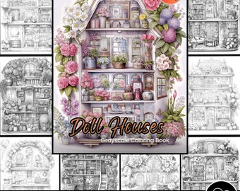 Flower Doll Houses coloring Pages for Adults Mini House Grayscale Coloring Book Download Gnome Homes Illustration Printable coloring digital
