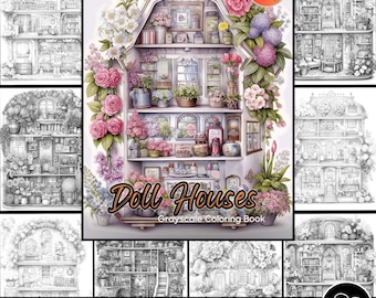 Flower Doll Houses coloring Pages for Adults Mini House Grayscale Coloring Book Download Gnome Homes Illustration Printable coloring digital