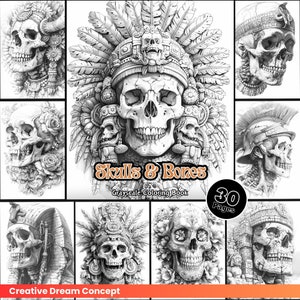 Skulls & Bones Coloring Book for Adults Grayscale Fantasy Flower Gothic Coloring Book Printable Images PDF Instant Download