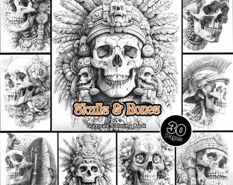 Kolorowanka Czaszki i Kości dla Dorosłych Kolorowanka Fantasy Flower w Skali Szarości Obrazy Gotyckie Do Wydrukowania PDF Natychmiastowe Pobranie