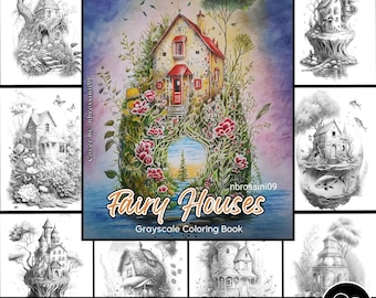 Fairy Houses Coloring Page for Adults Cute Tree House Grayscale Coloring Book Kids, Printable Elf Forest Homes PDF Instant Download