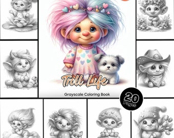Troll Life Coloring Page for Adults Cute little trolls Coloring Book, Adorable Fantasy Sheets Printable PDF Instant Download Coloring Page