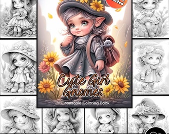 Cute Girl Gnomes coloring Pages for Adults Grayscale Coloring Book Download Grayscale Illustration Printable coloring digital