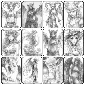 May include: A collection of black and white fantasy art prints featuring various mythical creatures. The images depict detailed illustrations of winged figures, demons, and fairies, showcasing intricate designs and expressions. The artwork is suitable for coloring or display.
