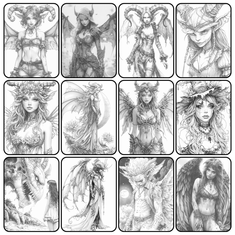 May include: A collection of black and white fantasy art prints featuring various mythical creatures. The images depict detailed illustrations of winged figures, demons, and fairies, showcasing intricate designs and expressions. The artwork is suitable for coloring or display.