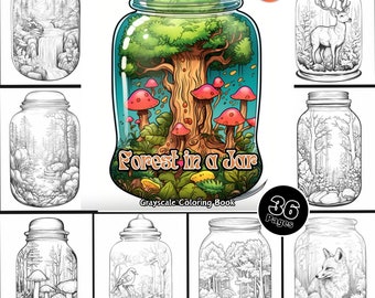 Forest Jars Coloring Book, Printable Magical Forest Coloring Pages For Her, Grayscale Coloring Book for Adults, Relax and Stress Relief PDF