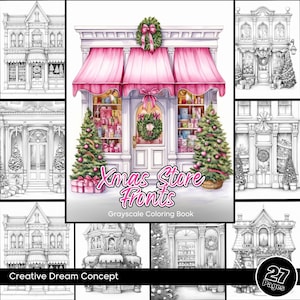 Christmas Store Fronts Coloring Page for Adults Xmas Storefront Grayscale Coloring Book, Printable PDF Instant Download House Coloring Page