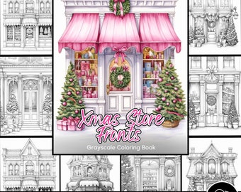Christmas Store Fronts Coloring Page for Adults Xmas Storefront Grayscale Coloring Book, Printable PDF Instant Download House Coloring Page