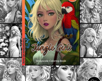 Jungle Girls Coloring Page for Adults Beautiful Woman and Birds Coloring Book for Kids, Printable PDF Instant Download Coloring Page