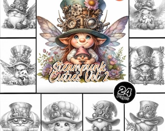 Puede incluir: Un libro para colorear de 24 páginas con ilustraciones de temática steampunk de hadas, gnomos y otras criaturas caprichosas. La portada presenta un hada con alas grandes y un sombrero steampunk sosteniendo un gnomo. El título del libro es "Steampunk Cuties Vol 2".