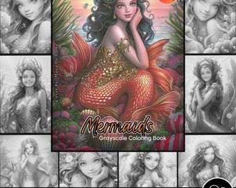 Mermaid Coloring Pages for Adult Coloring Templates Grayscale Coloring Book wall art grayscale PDF page instant download