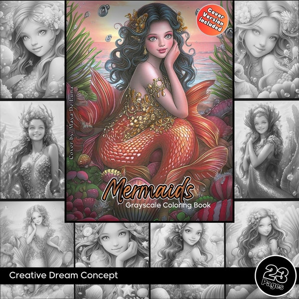 Mermaid Coloring Pages for Adult Coloring Templates Grayscale Coloring Book wall art grayscale PDF page instant download