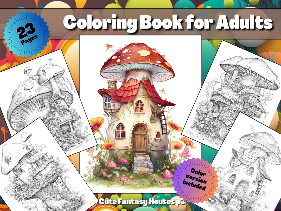 Enchanted Fairy Mushroom Houses Coloring Book for Adults Kids Coloring ...