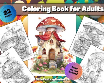 Enchanted Fairy Mushroom Houses Coloring Book for Adults Kids Coloring Pages Instant Download Grayscale Coloring Book Printable PDF File