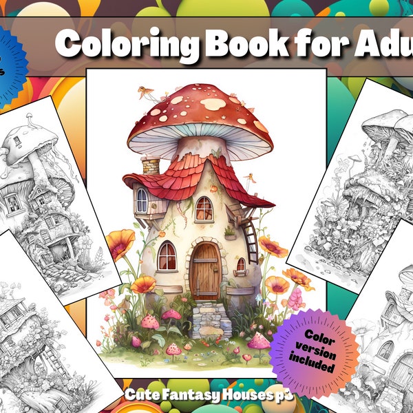 Enchanted Fairy Mushroom Houses Coloring Book for Adults Kids Coloring Pages Téléchargement instantané Livre de coloriage en niveaux de gris Fichier PDF imprimable