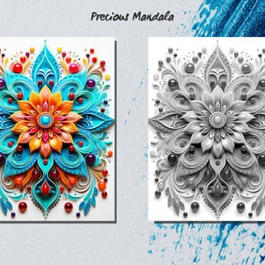 May include: A colorful mandala with intricate details and a central flower with orange petals and a blue jewel in the center. The mandala is surrounded by a border of blue, red, and green leaves and jewels.