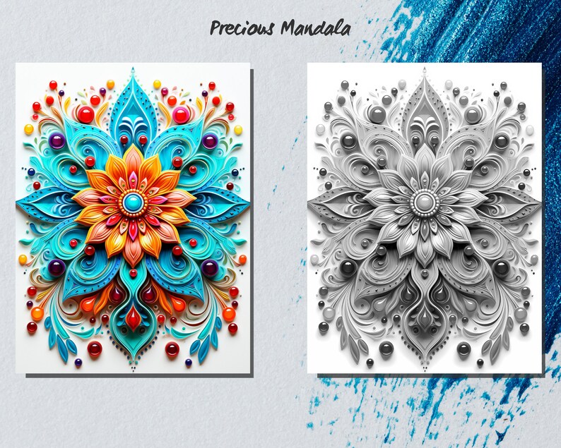 May include: A colorful mandala with intricate details and a central flower with orange petals and a blue jewel in the center. The mandala is surrounded by a border of blue, red, and green leaves and jewels.