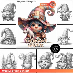 Patchwork Gnomes Coloring Page for Adults Cute Coloring Book for Kids, Printable PDF Instant Download Coloring Page