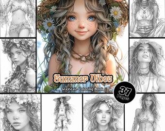 May include: A grayscale coloring book titled "Summer Vibes" with 37 pages. The cover features a young woman with long, wavy hair wearing a straw hat and a floral headband. The book is part of the Creative Dream Concept collection.