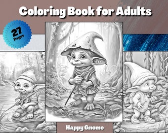 Happy Gnome coloring Pages for Adults Grayscale Coloring Book Download Grayscale Illustration Printable coloring digital