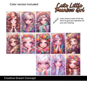 Little Rainbow Girl Coloring Page for Adults Cute Flower Girl Grayscale ...