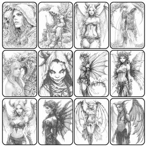 May include: A collection of black and white fantasy art prints featuring various mythical creatures. The images include detailed illustrations of fairies, demons, and other fantastical beings with wings, horns, and elaborate costumes. The art style is reminiscent of detailed pencil sketches.