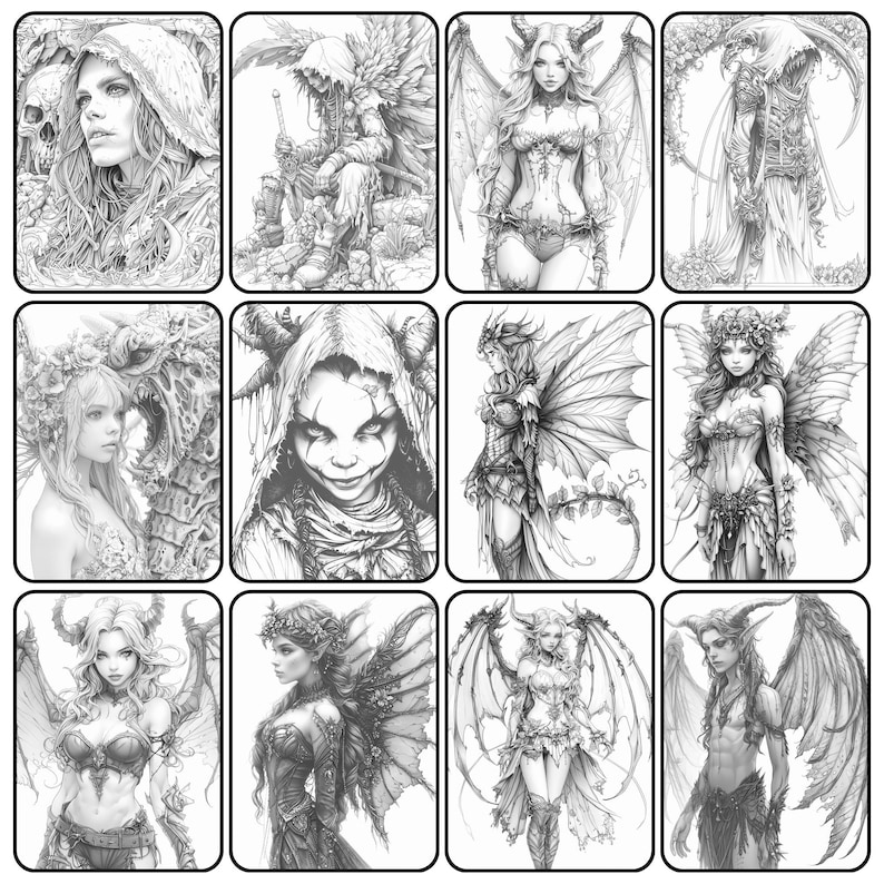May include: A collection of black and white fantasy art prints featuring various mythical creatures. The images include detailed illustrations of fairies, demons, and other fantastical beings with wings, horns, and elaborate costumes. The art style is reminiscent of detailed pencil sketches.