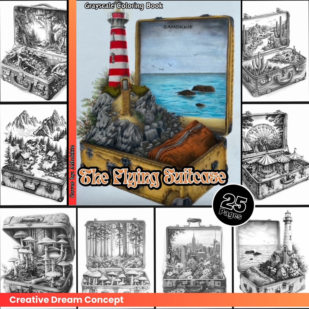 The Flying Suitcase Coloring Page for Adults Amazing Landscape Coloring ...
