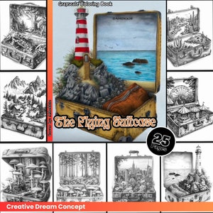 The Flying Suitcase Coloring Page for Adults Amazing landscape Coloring Book Printable PDF Instant Download Coloring Page