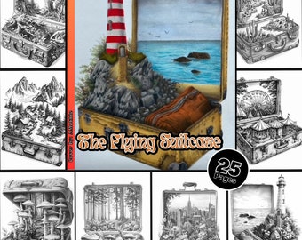 The Flying Suitcase Coloring Page for Adults Amazing landscape Coloring Book Printable PDF Instant Download Coloring Page