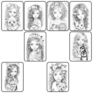 Adorable Girls With Animals Coloring Pages for Adults Instant Download ...