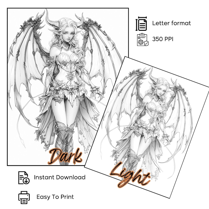 May include: Black and white digital art print of a fantasy character with horns, wings, and detailed clothing. The image is labeled "Dark" and "Light", with text indicating "Instant Download" and "Easy To Print". The print is in letter format at 350 PPI.